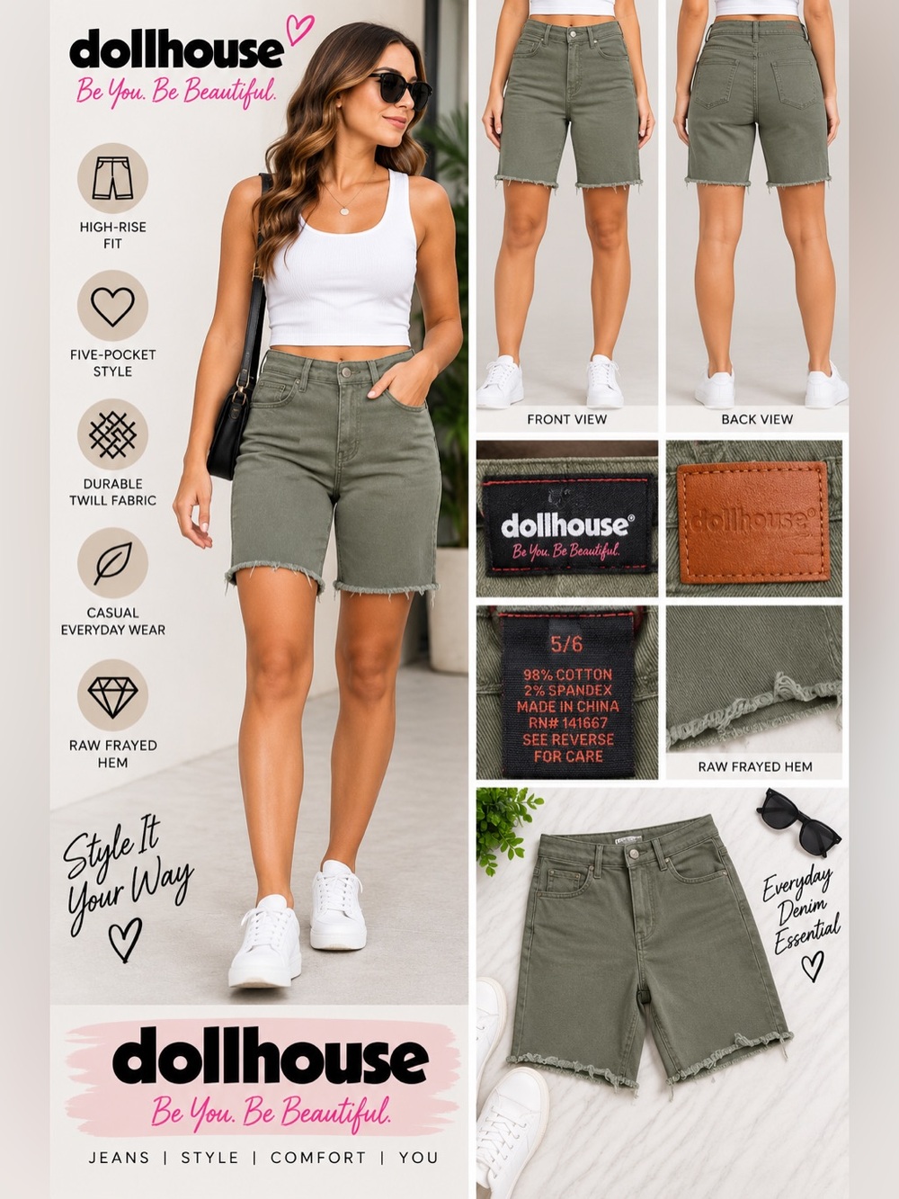 Dollhouse Olive Green Bermuda Shorts Frayed Hem High Rise Twill Womens 5/6 NEW